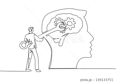 One line drawing of handsome young businessman in suit repairs brain gears at human head, representing business concept for professional corporate presentations or medical office healthcare wall art 139133751