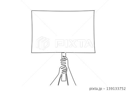 One line drawing of hands raising blank signboard on stick, symbolizing an auction board concept. Great for bidding paddles, voting signs, traffic control visuals, and event direction guide posters 139133752