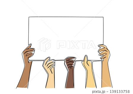 Single line drawing of diverse hand holding large blank banner, representing business people teamwork concept. Great for business collaboration, community diversity project, and inclusive event flyer 139133758
