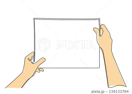 One line drawing of hands holding horizontal sheet, highlighting business notice concept. Ideal for missing person flyer, public announcement, event invitation, workshop poster, and daily planner One line drawing of hands holding horizontal sheet, highlighting business notice concept. Ideal for missing person flyer, public announcement, event invitation, workshop poster, and daily planner 139133764