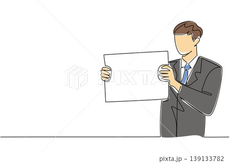Continuous line drawing of handsome male manager displaying blank board sideway, showing business choice concept. Suitable for comparison slide, pros and cons, recommended item, and decision guide 139133782