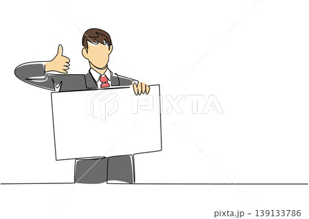 One line drawing of young male manager in suit holding paper sign with thumbs up, showing success concept. Ideal for motivational quote, goal achievement, winner announcement, and best choice ad One line drawing of young male manager in suit holding paper sign with thumbs up, showing success concept. Ideal for motivational quote, goal achievement, winner announcement, and best choice ad 139133786