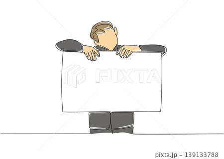 Single line drawing of young businessman in suit resting his arms on paper blank board, depicting info concept. Ideal for about us page, contact detail, team introduction, and customer care banner Single line drawing of young businessman in suit resting his arms on paper blank board, depicting info concept. Ideal for about us page, contact detail, team introduction, and customer care banner 139133788