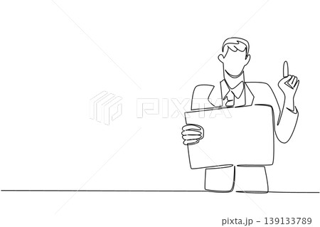 Single line drawing of young businessman holding paper board and pointing up, showing business concept. Perfect for idea generation, solution finding, warning notice, and motivational quote poster 139133789
