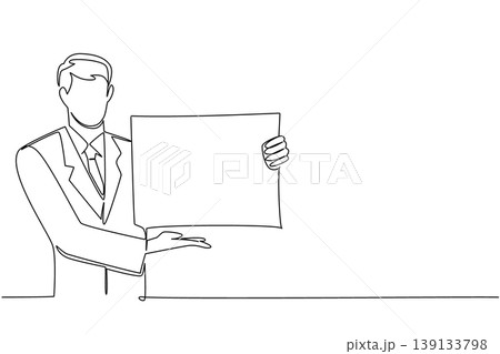 One line drawing of young male manager offering blank paper board with both hands, depicting business proposal concept. Perfect for business offer, service menu, welcome sign, and invitation template 139133798