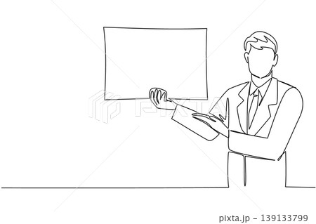 Single line draw of young businessman holding blank board and presenting it, show business presentation concept. Perfect for corporate slide, marketing promo, sales pitch, and educational visual aid 139133799