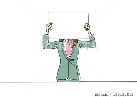 Continuous line drawing of businesswoman covering her face with blank board for shy concept. Art works for anonymous survey, introverted character, hidden identity, and surprise reveal poster Continuous line drawing of businesswoman covering her face with blank board for shy concept. Art works for anonymous survey, introverted character, hidden identity, and surprise reveal poster 139133812