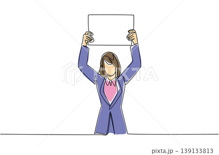 Single line drawing of businesswoman raising blank board high for activism concept. Use this for protest march flyer, fan support sign, sports cheering, and political campaign material layout Single line drawing of businesswoman raising blank board high for activism concept. Use this for protest march flyer, fan support sign, sports cheering, and political campaign material layout 139133813