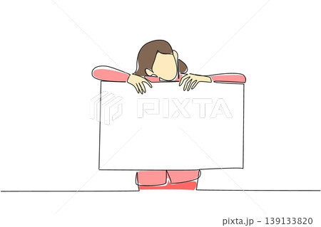 Single line drawing of businesswoman leaning on blank square board for an information concept. Design is perfectly tailored for help desk graphic, customer service banner, and FAQ section background 139133820