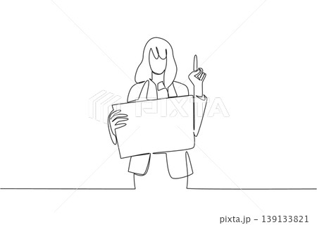 Continuous line draw of young businesswoman holding blank board while pointing her hand for business concept. Ideal for announcement, presentation slide, marketing material, and office wall decor art Continuous line draw of young businesswoman holding blank board while pointing her hand for business concept. Ideal for announcement, presentation slide, marketing material, and office wall decor art 139133821