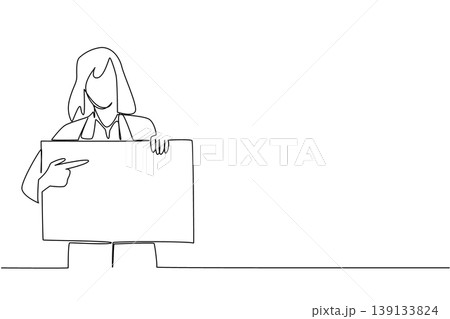Single line drawing of young woman manager pointing at blank board for business presentation concept. Suitable for marketing strategy, educational diagram, promotional banner, and advertisement poster Single line drawing of young woman manager pointing at blank board for business presentation concept. Suitable for marketing strategy, educational diagram, promotional banner, and advertisement poster 139133824