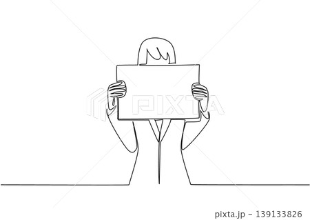 Continuous line drawing of a businesswoman hiding face with a blank board for mystery concept. Design is suitable for anonymous feedback, secret voting, unboxing reveal, and guessing game card 139133826