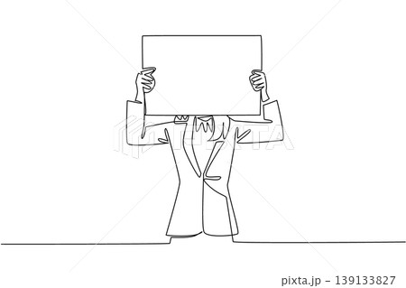 Single line drawing of businesswoman holding blank poster sign over her face for business concept. Art for blind recruitment, silent protest, privacy protection, and corporate identity cover 139133827