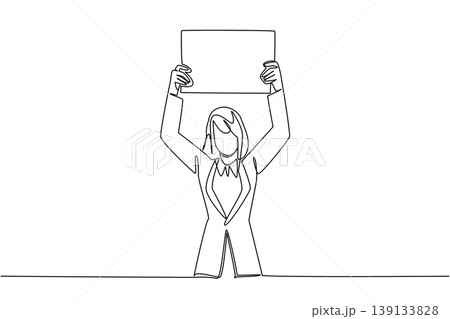 One line drawing of businesswoman lifting blank board above head for celebration concept. Ideal for winner announcement, strike action, achievement milestone, and protester placard illustration 139133828