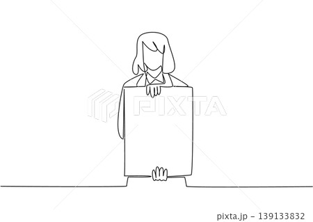 Continuous line drawing of businesswoman holding square blank board for recruitment concept. Artwork is suitable for job fair posters, hiring announcements, social media posts, and career templates 139133832