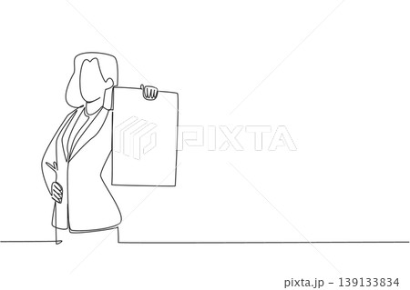 Single line drawing of businesswoman presenting blank vertical board for an exhibition concept. Vector for promotional event banners, trade show standing displays, and conference flyer backgrounds Single line drawing of businesswoman presenting blank vertical board for an exhibition concept. Vector for promotional event banners, trade show standing displays, and conference flyer backgrounds 139133834