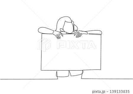 Continuous line drawing of businesswoman resting on large blank board for waiting concept. It is great for website under construction pages, coming soon announcements, and casual workplace posters 139133835