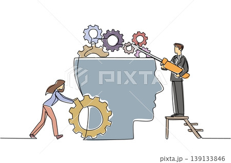 Continuous line draw of colorful professional business team repairing gear mechanisms inside big head with gear. Psychological concept for health insurance brochure or professional business proposal Continuous line draw of colorful professional business team repairing gear mechanisms inside big head with gear. Psychological concept for health insurance brochure or professional business proposal 139133846