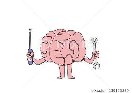 One line drawing of health concept show pink brain character holding wrench and screwdriver for mental health awareness campaign. Friendly mascot illustrates brain power and mind for kids books One line drawing of health concept show pink brain character holding wrench and screwdriver for mental health awareness campaign. Friendly mascot illustrates brain power and mind for kids books 139133859