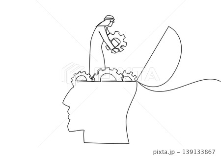 One line drawing of Arabian man in Arab attire working on gears and cog inside giant human head. Business concept is suitable for international trade documents or improve cultural diversity knowledge One line drawing of Arabian man in Arab attire working on gears and cog inside giant human head. Business concept is suitable for international trade documents or improve cultural diversity knowledge 139133867