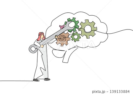 Single line drawing of handsome young Arabian man in traditional attire repairs brain gears, representing health concept for medical center brochures or cultural educational wall art decoration 139133884