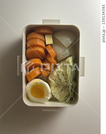 Bento or dosirak box filled with rice, assorted side dishes, vegetables, and protein like meat or fish, all neatly arranged to create a balanced, colorful, and visually appealing meal 139134393
