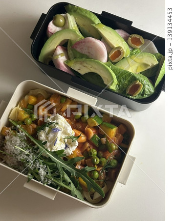 Bento or dosirak box filled with rice, assorted side dishes, vegetables, and protein like meat or fish, all neatly arranged to create a balanced, colorful, and visually appealing meal 139134453