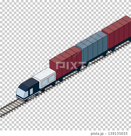 一列貨運列車在鐵軌上行駛的等距視圖。物流相關素材。 139135035