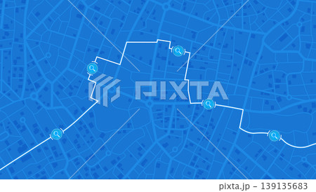 Route search on city map. Multiple location pins along the path. Detailed street grid in top view. Urban landscape with architectural elements. Vector illustration Route search on city map. Multiple location pins along the path. Detailed street grid in top view. Urban landscape with architectural elements. Vector illustration 139135683