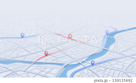 GPS navigation to pins and multiple markers on route. City map featuring directional signs, an intended goal point. Abstract plan highlights POI city streets. Vector illustration with designated route 139135692