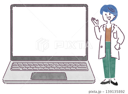 説明する白衣を着た女性とノートパソコンのディスプレイの線画イラスト 説明する白衣を着た女性とノートパソコンのディスプレイの線画イラスト 139135892