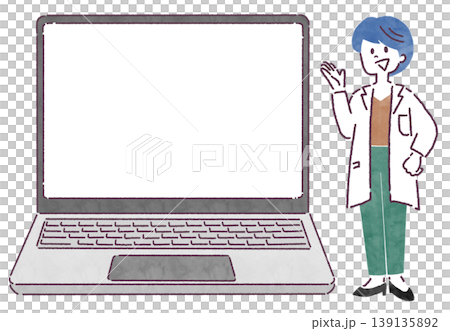 説明する白衣を着た女性とノートパソコンのディスプレイの線画イラスト 説明する白衣を着た女性とノートパソコンのディスプレイの線画イラスト 139135892