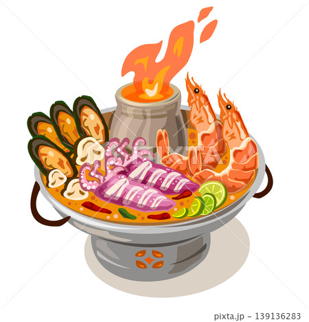 Spicy and sour Thai soup with river prawns, squid, and mussels in traditional hot pot with fire. Spicy and sour Thai soup with river prawns, squid, and mussels in traditional hot pot with fire. 139136283