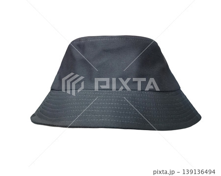 A stylish black bucket hat against a white background. A stylish black bucket hat against a white background. 139136494