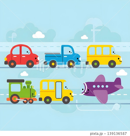 Happy Cartoon Vehicles Traveling Together On Roads And In Sky 139136587