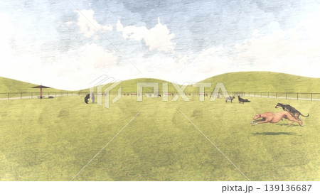広々とした緑のドッグランと遊ぶ犬たちの風景 周り木無し(3DCG・イラスト) 広々とした緑のドッグランと遊ぶ犬たちの風景 周り木無し(3DCG・イラスト) 139136687