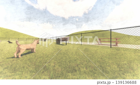 広々とした緑のドッグランと遊ぶ犬たちの風景 周り木無し(3DCG・イラスト) 広々とした緑のドッグランと遊ぶ犬たちの風景 周り木無し(3DCG・イラスト) 139136688