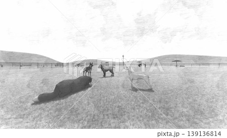 広々とした緑のドッグランと遊ぶ犬たちの風景 周り木無し(3DCG・イラスト) 広々とした緑のドッグランと遊ぶ犬たちの風景 周り木無し(3DCG・イラスト) 139136814