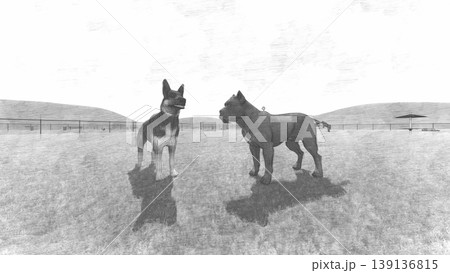 広々とした緑のドッグランと遊ぶ犬たちの風景　周り木無し（3DCG・イラスト） 139136815
