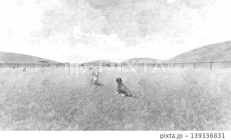 広々とした緑のドッグランと遊ぶ犬たちの風景 周り木無し(3DCG・イラスト) 広々とした緑のドッグランと遊ぶ犬たちの風景 周り木無し(3DCG・イラスト) 139136831