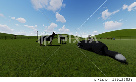 広々とした緑のドッグランと遊ぶ犬たちの風景　周り木無し（3DCG・イラスト） 139136838