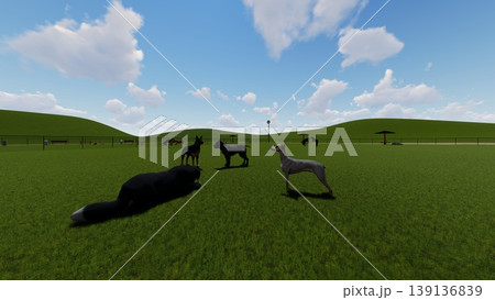 広々とした緑のドッグランと遊ぶ犬たちの風景　周り木無し（3DCG・イラスト） 139136839