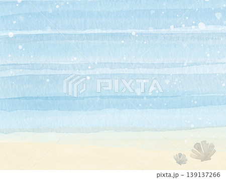 夏の海と砂浜と貝の水彩背景　夏休み、海水浴のイベント素材 139137266