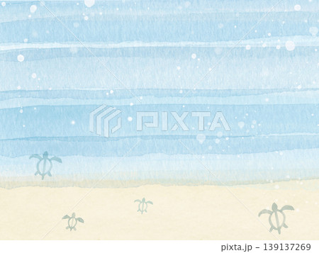 海と砂浜とウミガメの赤ちゃんの水彩背景 コピースペース付き夏素材 海と砂浜とウミガメの赤ちゃんの水彩背景 コピースペース付き夏素材 139137269