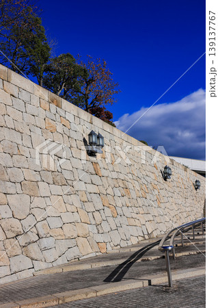 beautiful Walls of Castle in Japan with colorful Autumn tree foliage and beautiful blue sky. 139137767