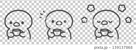一組手繪線條藝術插圖，描繪的是小雞拿著杯子。 139137868