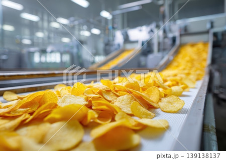 Chips production line. Industrial Golden potato chips production process in a factory on a conveyor belt. Food manufacturing and processing. Food industry plant concept. Filling machines for snacks. Chips production line. Industrial Golden potato chips production process in a factory on a conveyor belt. Food manufacturing and processing. Food industry plant concept. Filling machines for snacks. 139138137