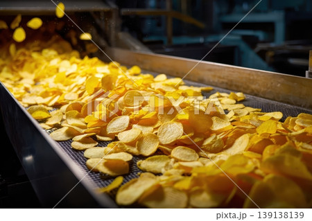 Chips production line. Industrial Golden potato chips production process in a factory on a conveyor belt. Food manufacturing and processing. Food industry plant concept. Filling machines for snacks. Chips production line. Industrial Golden potato chips production process in a factory on a conveyor belt. Food manufacturing and processing. Food industry plant concept. Filling machines for snacks. 139138139