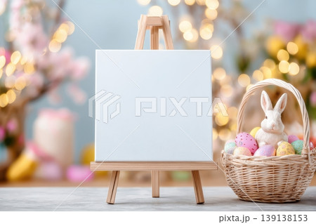 Blank white welcome sign on an easel for a modern mockup. Easter template with colorful eggs in the nest basket and cute bunny. Spring holidays concept. Stylish border. Happy Easter. Greeting card Blank white welcome sign on an easel for a modern mockup. Easter template with colorful eggs in the nest basket and cute bunny. Spring holidays concept. Stylish border. Happy Easter. Greeting card 139138153
