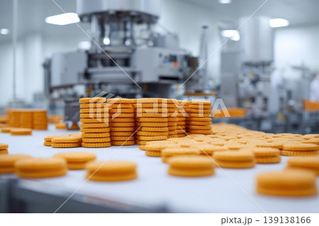Biscuits on automatic conveyor belt at factory. Cakes process of baking in confectionery culinary plant. Food industry, cookie sweet breadstuff production. Modern line for Biscuit bakery cookies. Biscuits on automatic conveyor belt at factory. Cakes process of baking in confectionery culinary plant. Food industry, cookie sweet breadstuff production. Modern line for Biscuit bakery cookies. 139138166
